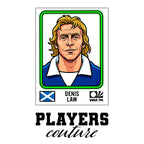 Denis Law World Cup Sticker Men's T-Shirt – white close-up detail shot of the Denis Law World Cup Players Couture logo design