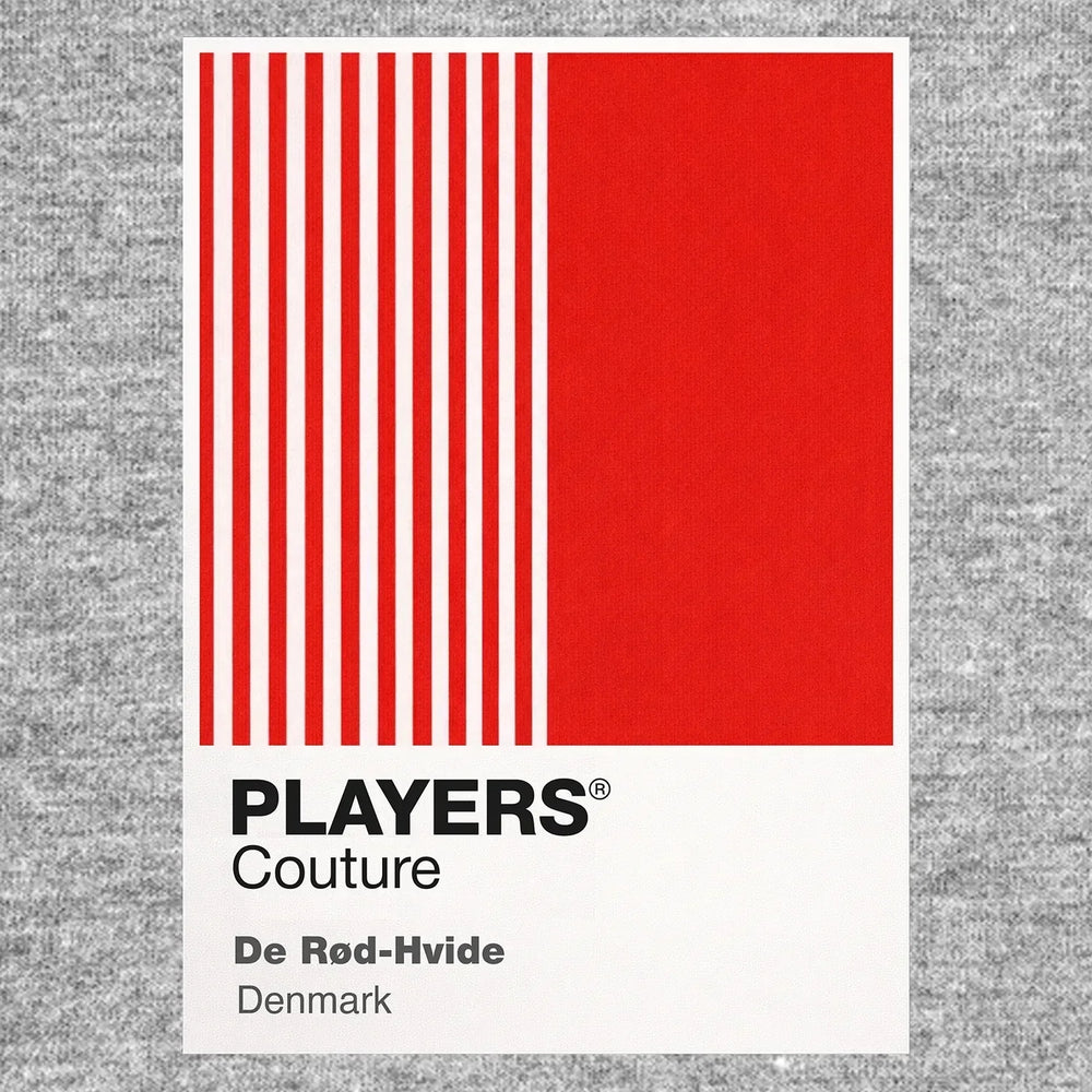Denmark Classic Football Shirt Colours Frame Men's T-Shirt – grey close-up detail shot of the Denmark Players Couture logo