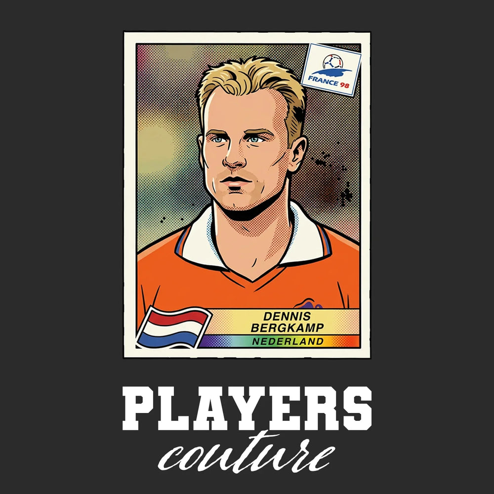 Dennis Bergkamp World Cup Sticker Men's T-Shirt – black close-up detail shot of the Dennis Bergkamp World Cup Players
