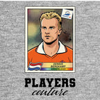 Dennis Bergkamp World Cup Sticker Men's T-Shirt – grey close-up detail shot of the Dennis Bergkamp World Cup Players Couture