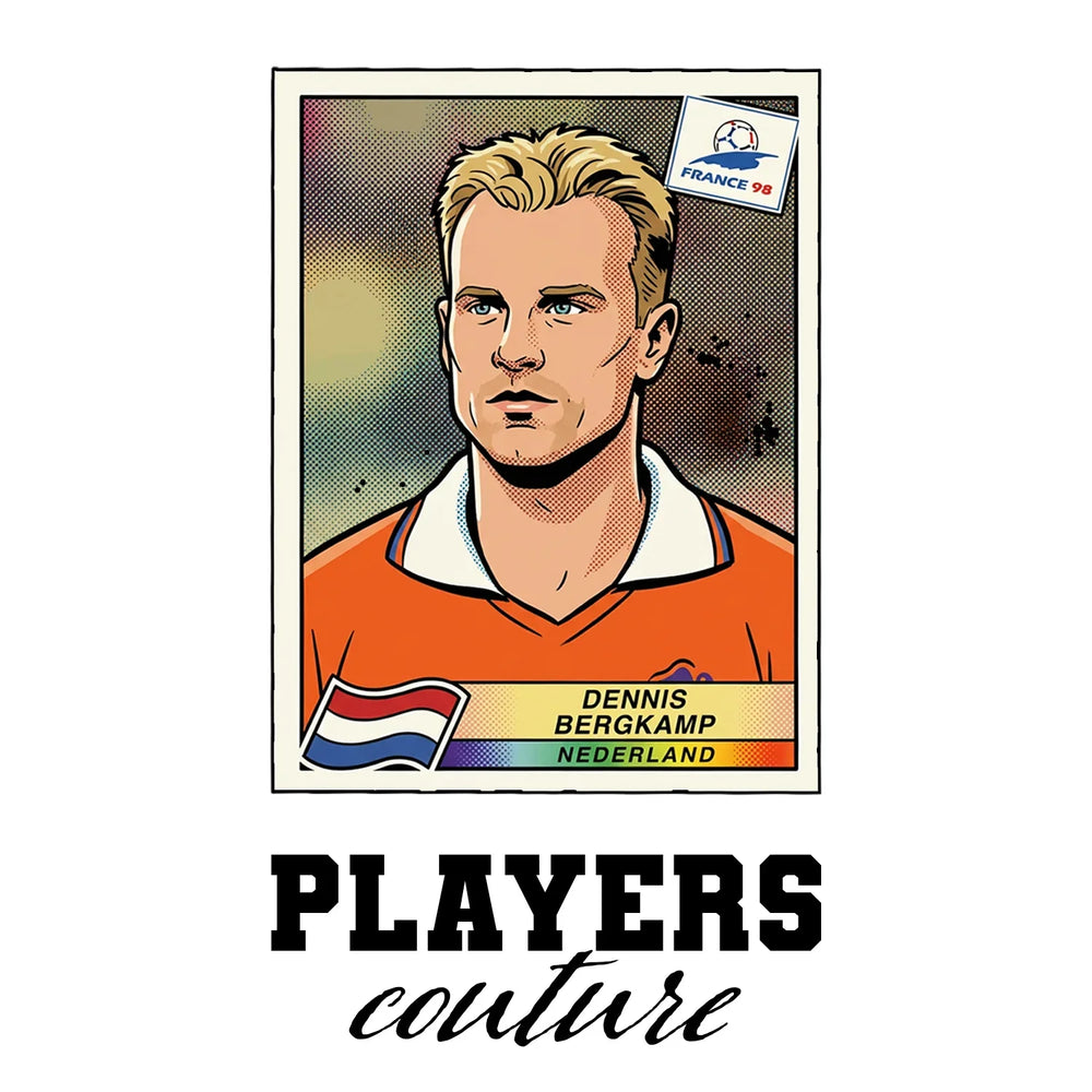Dennis Bergkamp World Cup Sticker Men's T-Shirt – white close-up detail shot of the Dennis Bergkamp Players Couture logo
