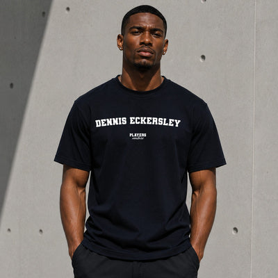 Dennis Eckersley navy men's T-shirt lifestyle photograph