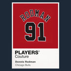 Dennis Rodman 91 Jersey Frame Men's T-Shirt – navy close-up detail shot of the Dennis Rodman 91 Players Couture logo design