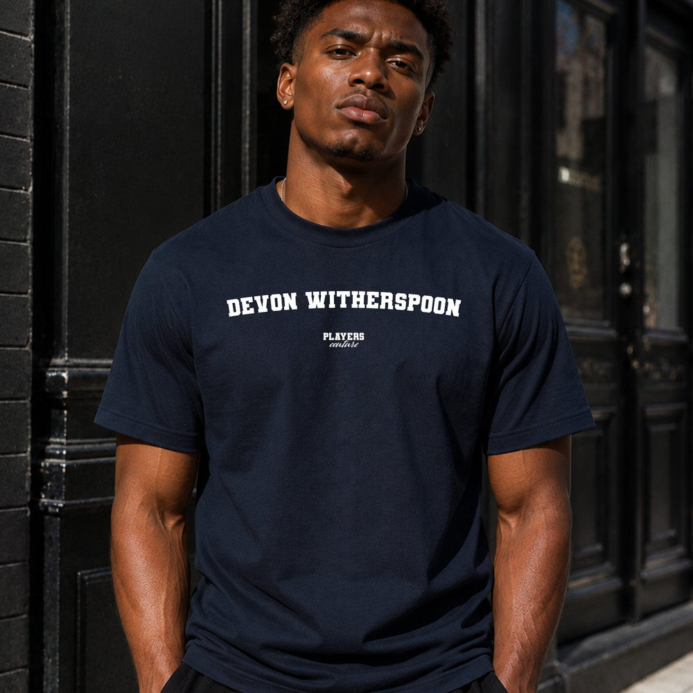 Devon Witherspoon Men's T-Shirt — lifestyle photo, Navy t-shirt