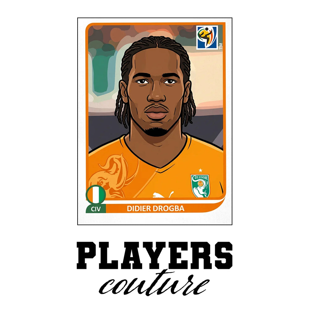 Didier Drogba World Cup Sticker Men's T-Shirt – white close-up detail shot of the Didier Drogba Players Couture logo design