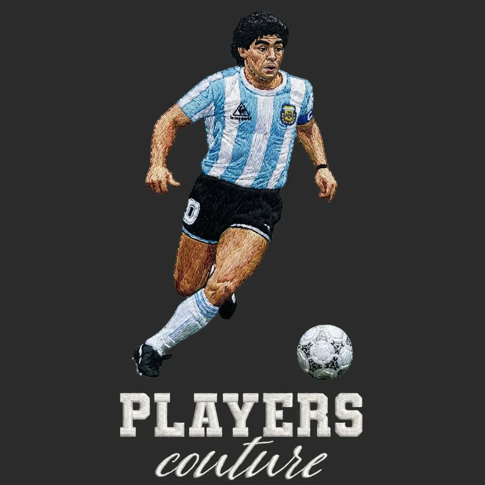 Diego Maradona Dribble Badge Men's Hoodie – black close-up detail shot of the Diego Maradona Dribble Players Couture logo