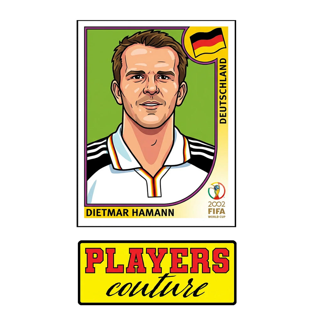 Dietmar Hamann World Cup Sticker Men's T-Shirt – close-up detail shot of the Dietmar Hamann World Cup Players Couture logo