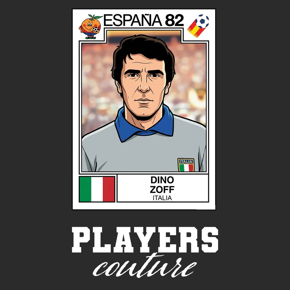 Dino Zoff World Cup Sticker Men's T-Shirt – black close-up detail shot of the Dino Zoff World Cup Players Couture logo design