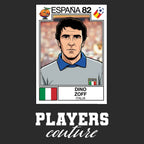 Dino Zoff World Cup Sticker Men's T-Shirt – black close-up detail shot of the Dino Zoff World Cup Players Couture logo design