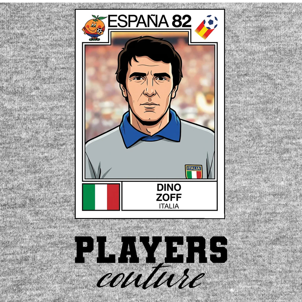 Dino Zoff World Cup Sticker Men's T-Shirt – grey close-up detail shot of the Dino Zoff World Cup Players Couture logo design