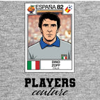 Dino Zoff World Cup Sticker Men's T-Shirt – grey close-up detail shot of the Dino Zoff World Cup Players Couture logo design