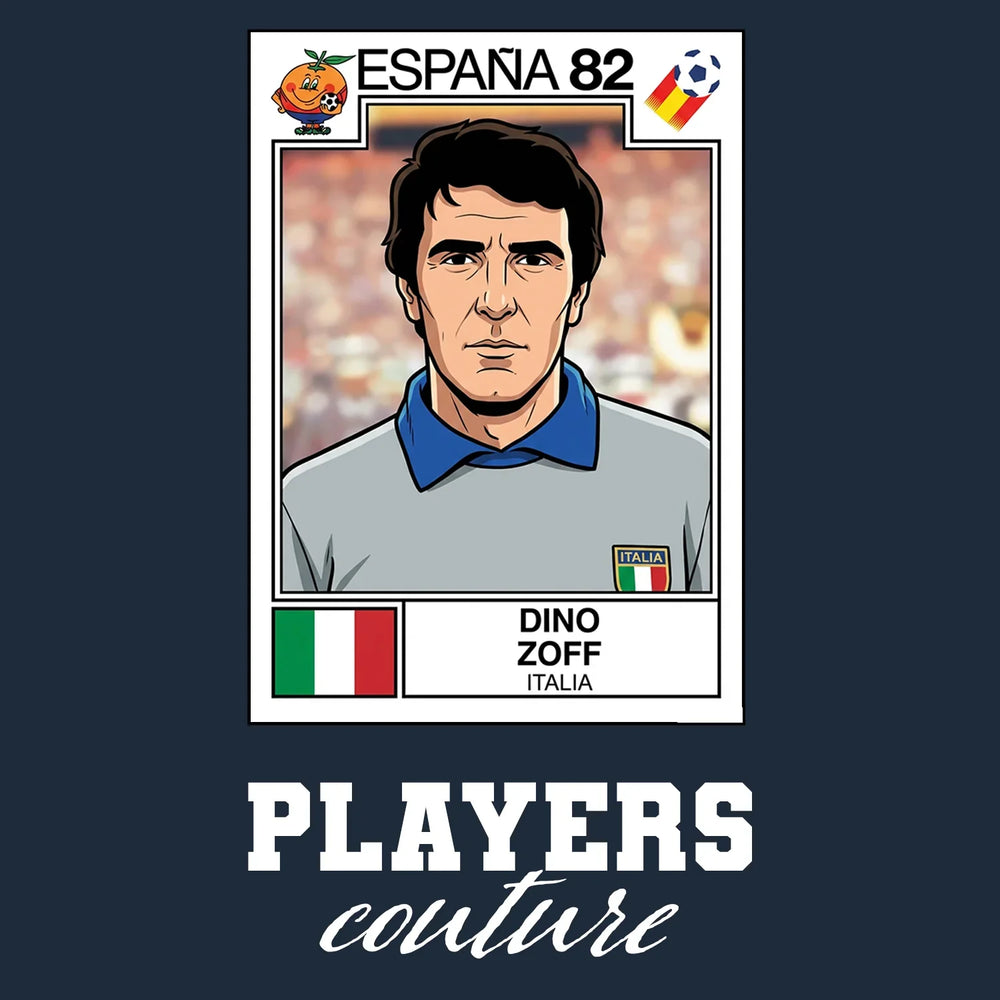 Dino Zoff World Cup Sticker Men's T-Shirt – navy close-up detail shot of the Dino Zoff World Cup Players Couture logo design