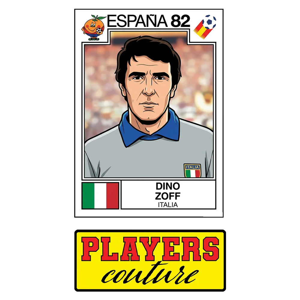 Dino Zoff World Cup Sticker Men's T-Shirt – close-up detail shot of the Dino Zoff World Cup Players Couture logo design