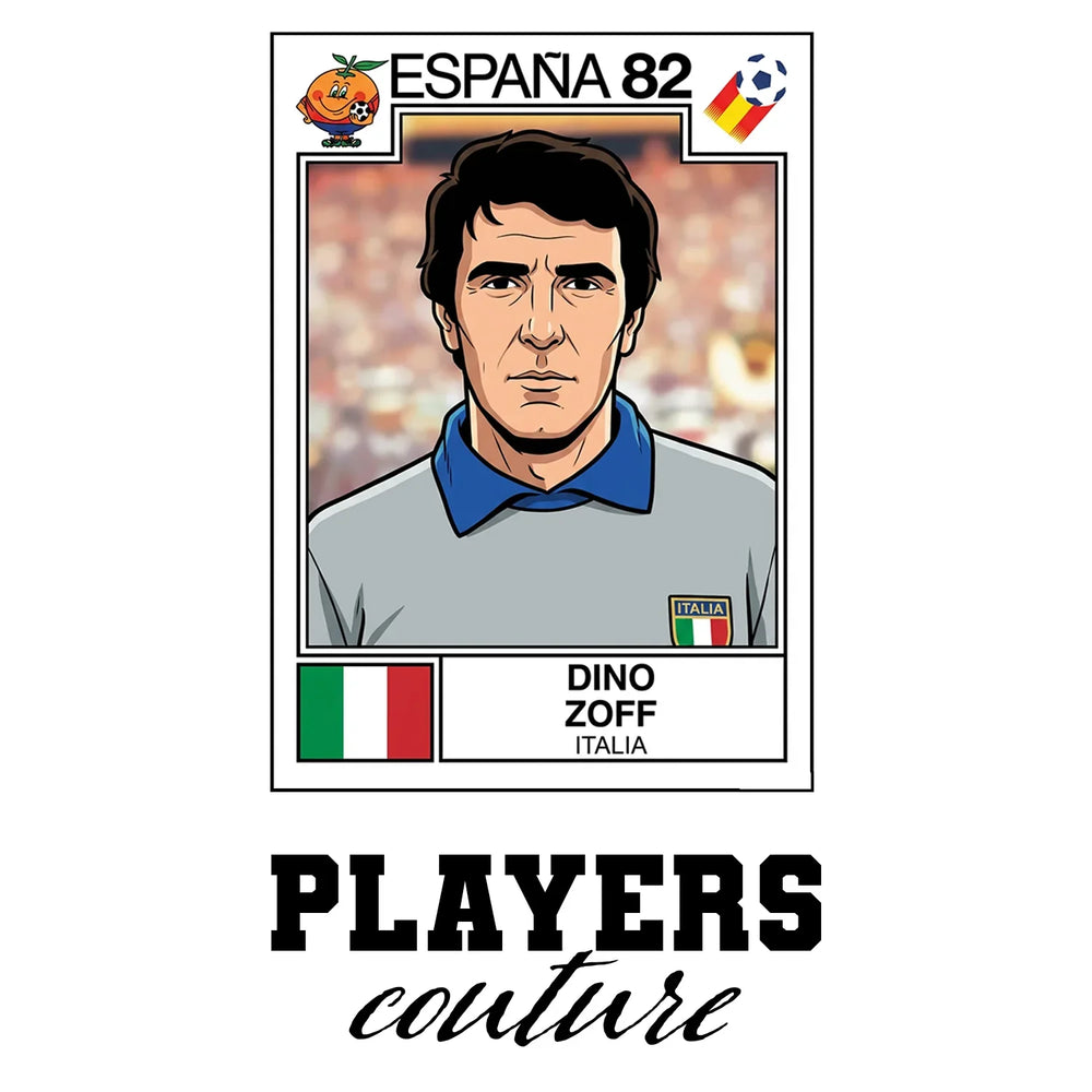 Dino Zoff World Cup Sticker Men's T-Shirt – white close-up detail shot of the Dino Zoff Players Couture logo design