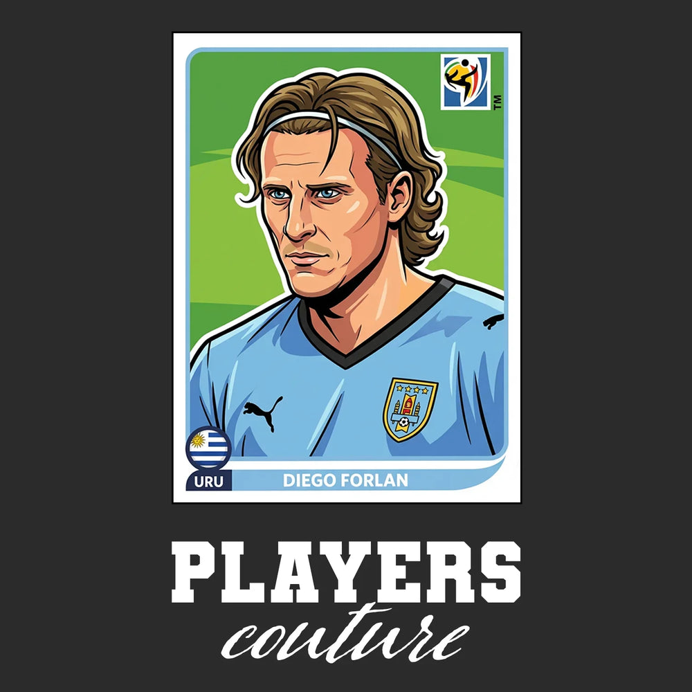 Diego Forlan World Cup Sticker Men's T-Shirt – black close-up detail shot of the Diego Forlan World Cup Players Couture logo