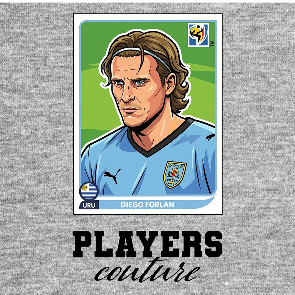 Diego Forlan World Cup Sticker Men's T-Shirt – grey close-up detail shot of the Diego Forlan World Cup Players Couture logo