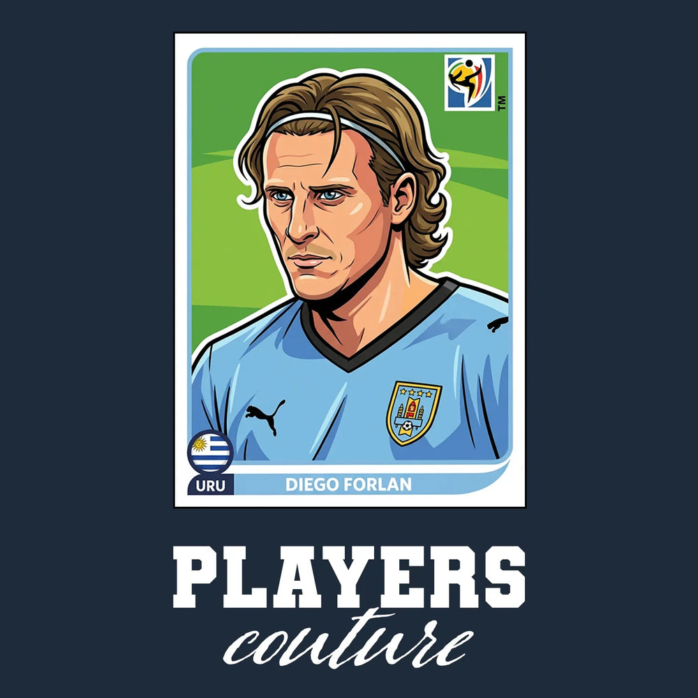 Diego Forlan World Cup Sticker Men's T-Shirt – navy close-up detail shot of the Diego Forlan World Cup Players Couture logo