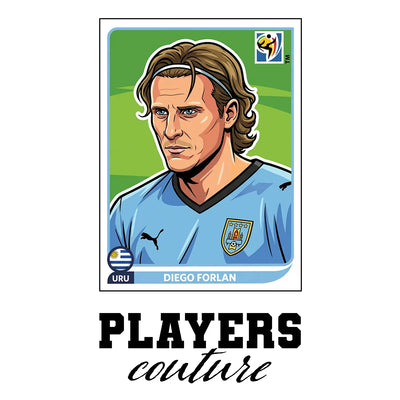 Diego Forlan World Cup Sticker Men's T-Shirt – white close-up detail shot of the Diego Forlan Players Couture logo design