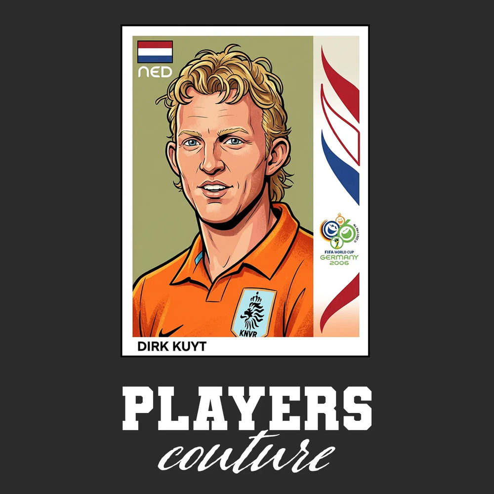 Dirk Kuyt World Cup Sticker Men's T-Shirt – black close-up detail shot of the Dirk Kuyt World Cup Players Couture logo design