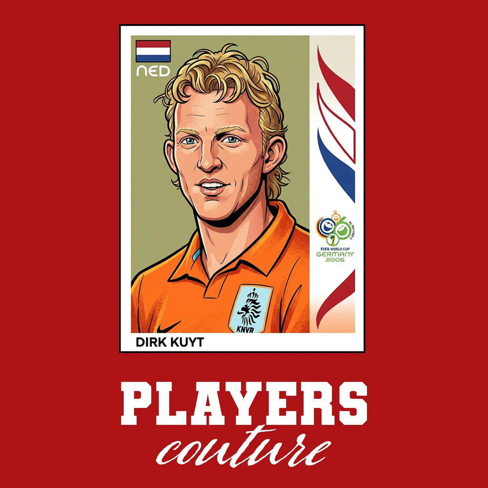 Dirk Kuyt World Cup Sticker Men's T-Shirt – red close-up detail shot of the Dirk Kuyt World Cup Players Couture logo design