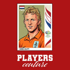 Dirk Kuyt World Cup Sticker Men's T-Shirt – red close-up detail shot of the Dirk Kuyt World Cup Players Couture logo design