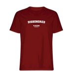 Dishonored t-shirt – red men's t-shirt with white Dishonored letters and Players Couture logo on the chest