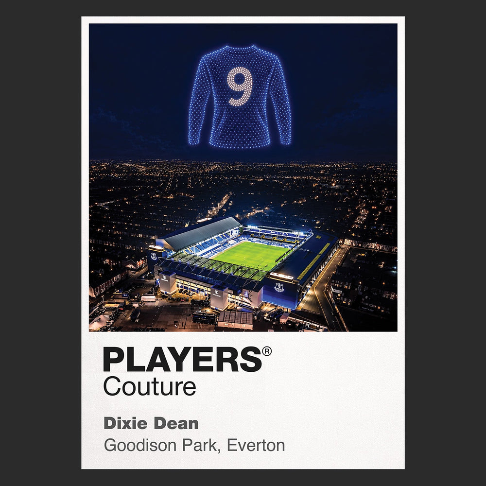 Dixie Dean Everton blue long-sleeved number 9 Icons in Lights Frame artwork in black