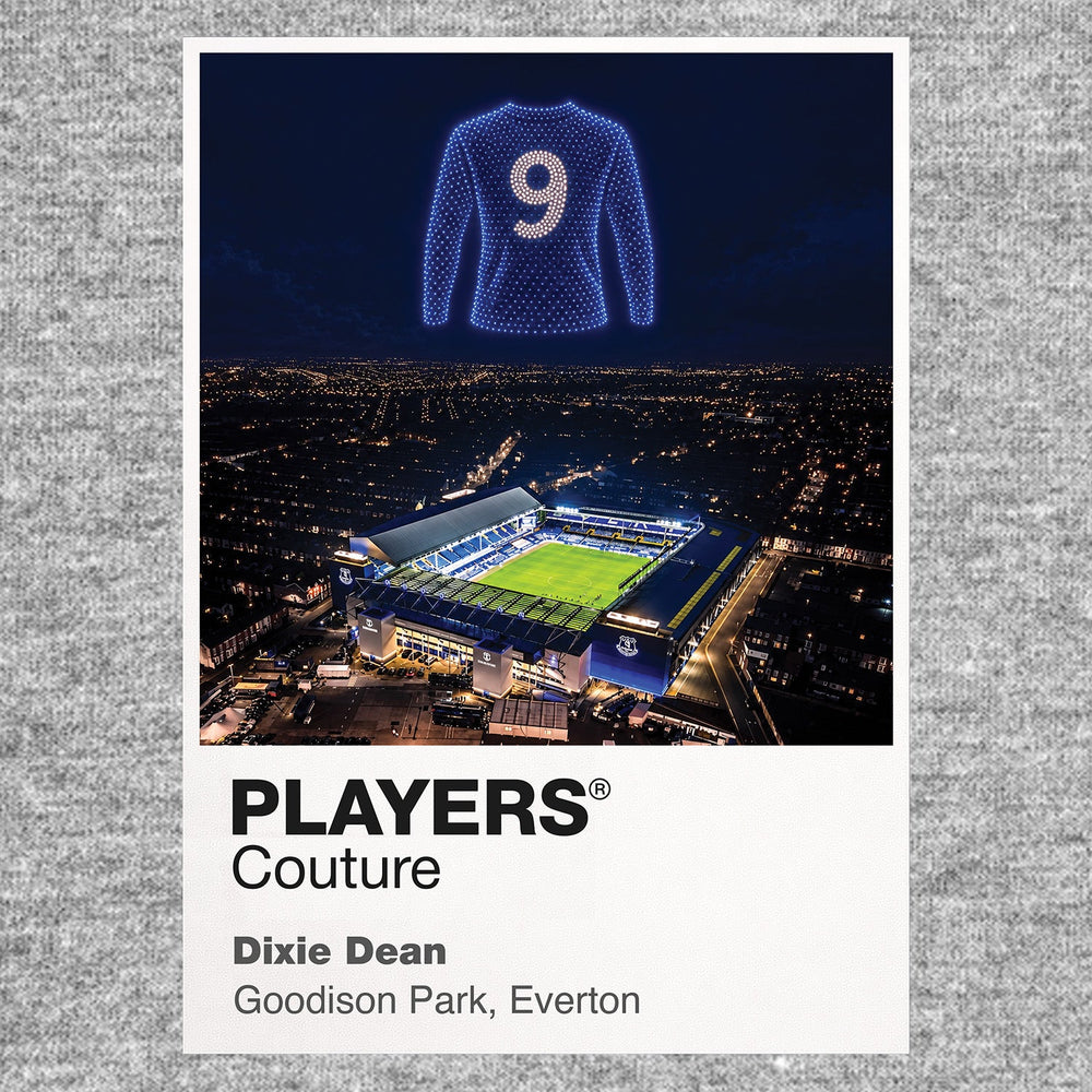 Dixie Dean Everton blue long-sleeved number 9 Icons in Lights Frame artwork in grey