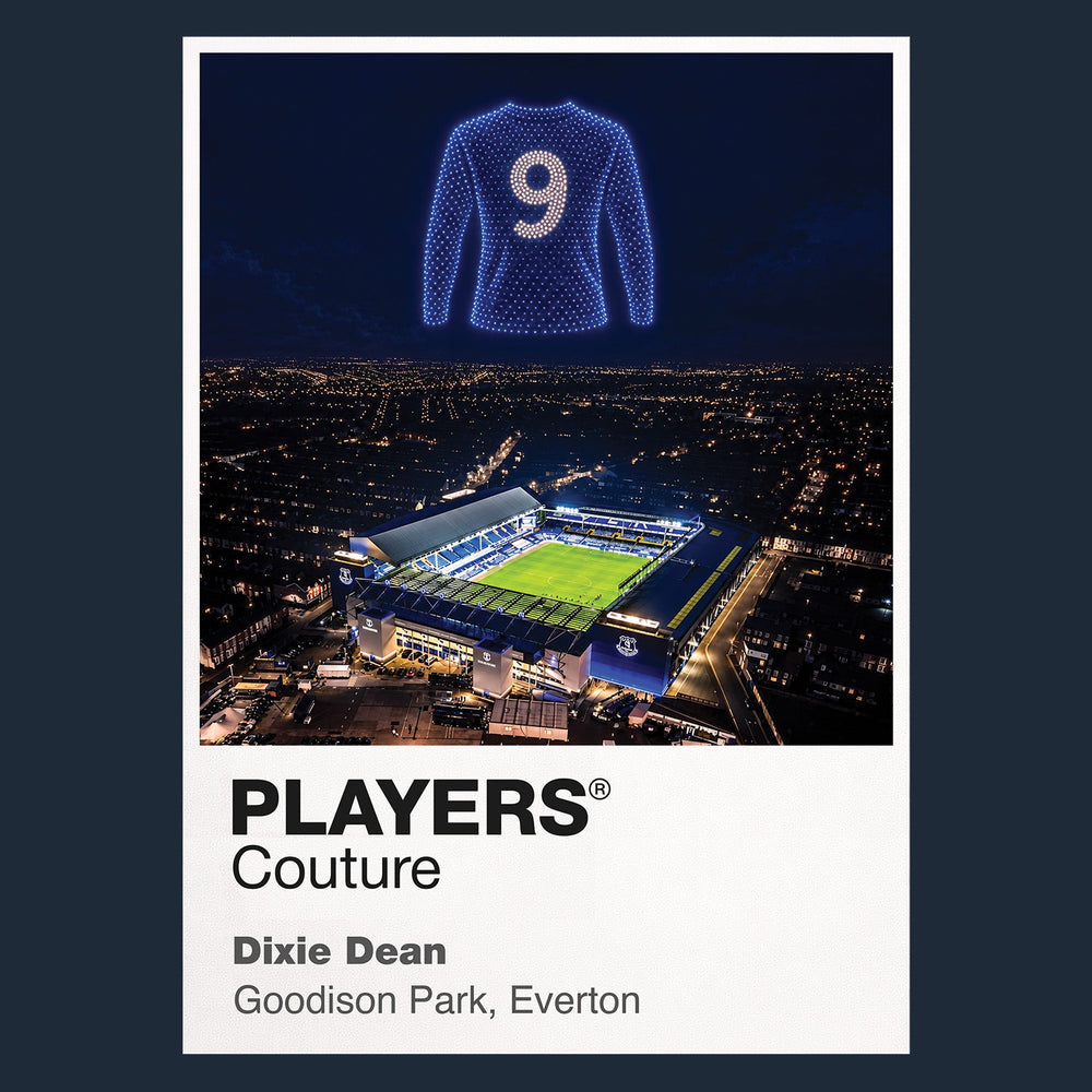 Dixie Dean Everton blue long-sleeved number 9 Icons in Lights Frame artwork in navy