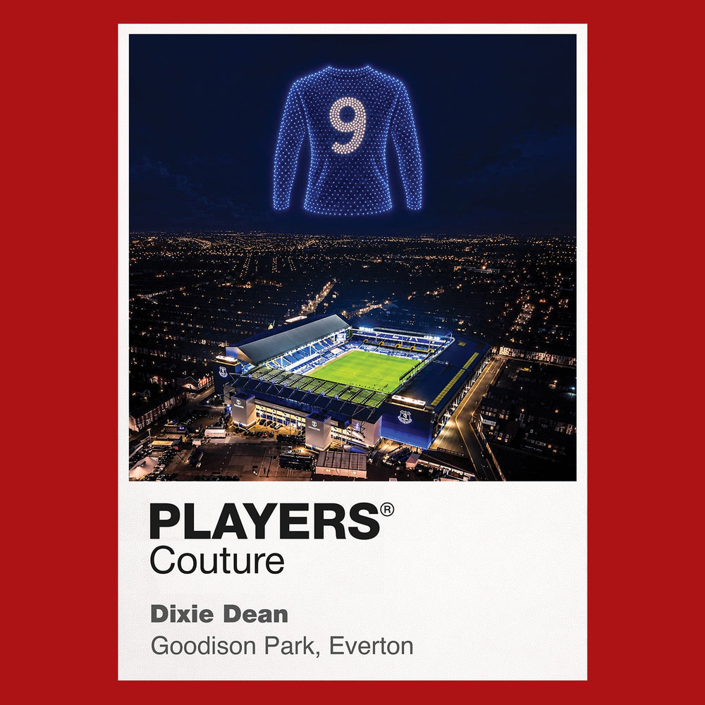 Dixie Dean Everton blue long-sleeved number 9 Icons in Lights Frame artwork in red