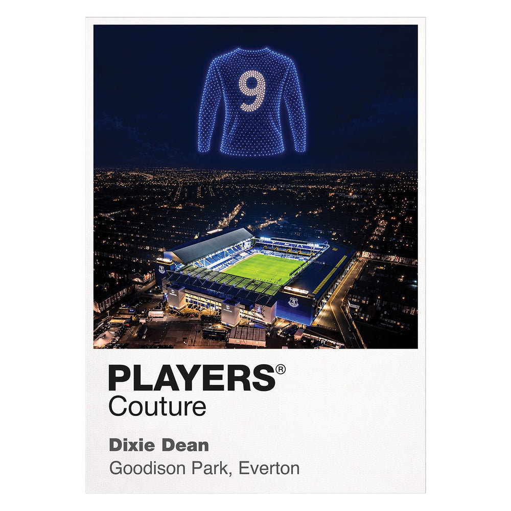 Dixie Dean Everton blue long-sleeved number 9 Icons in Lights Frame artwork in white
