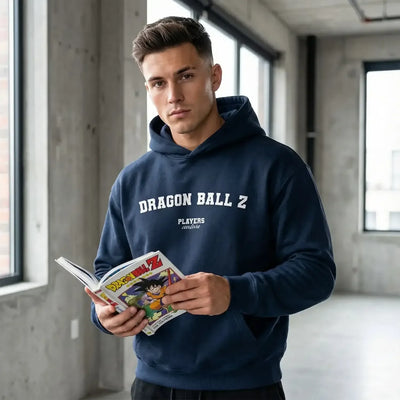 Dragon Ball Z hoodie – navy men's hoodie with white Dragon Ball Z letters and Players Couture logo on the chest
