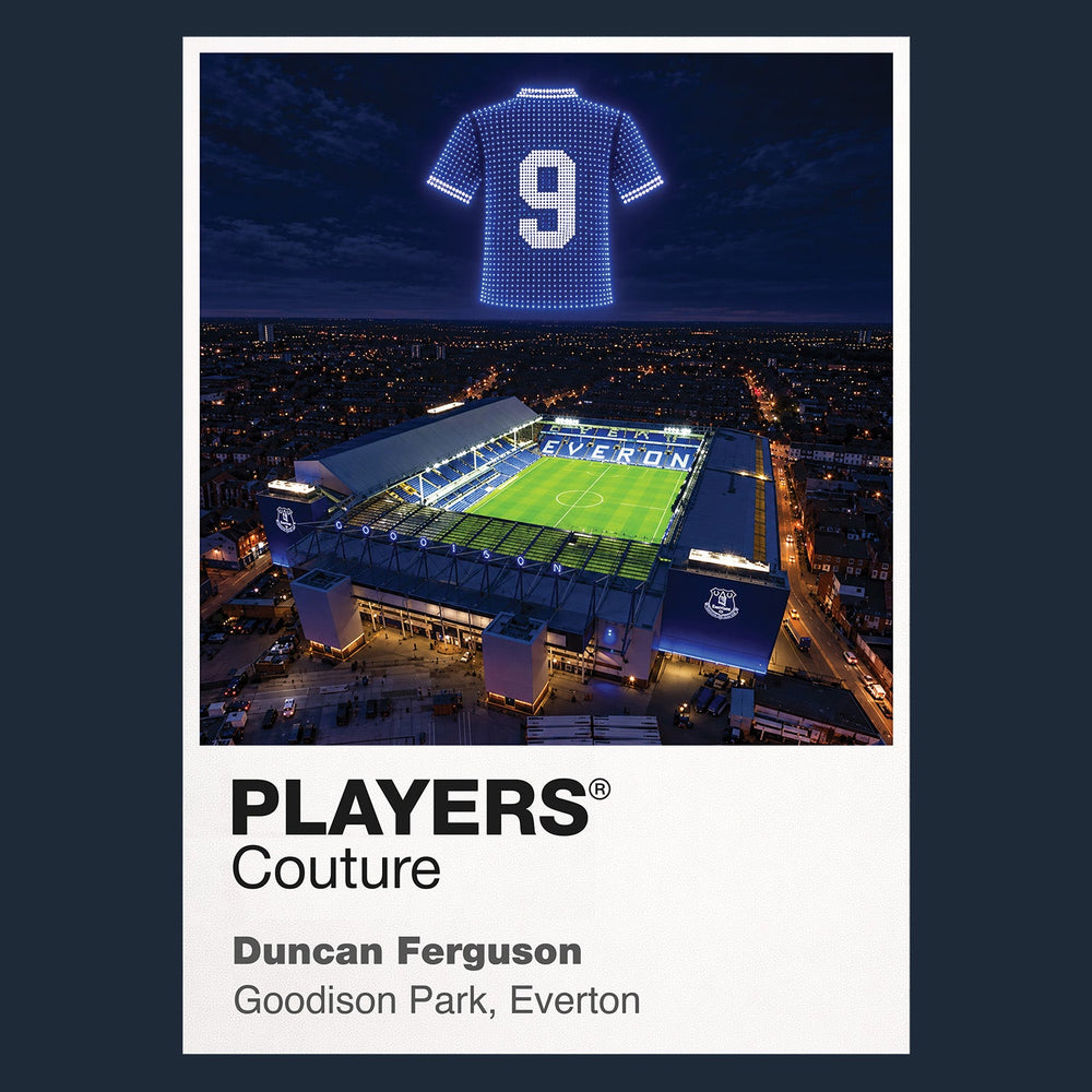 Duncan Ferguson Everton number 9 Icons in Lights Frame artwork in navy