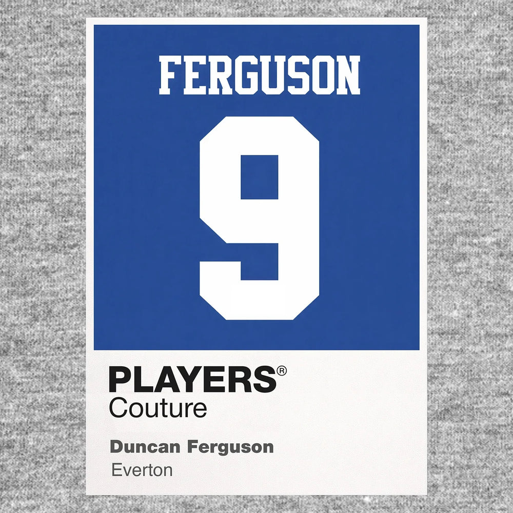 Duncan Ferguson 9 Football Shirt Frame Men's Hoodie – grey close-up detail shot of the Duncan Ferguson Players Couture logo