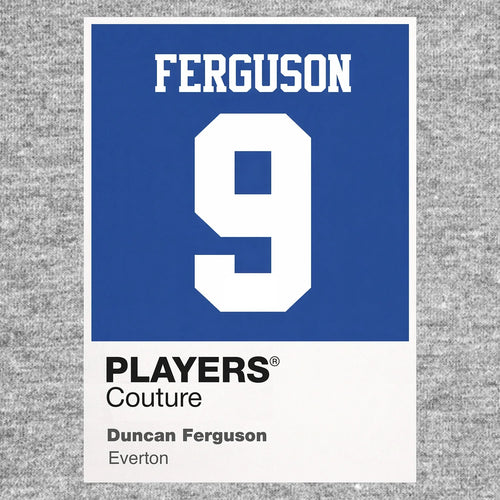 Duncan Ferguson 9 Football Shirt Frame Men's Hoodie – grey close-up detail shot of the Duncan Ferguson Players Couture logo