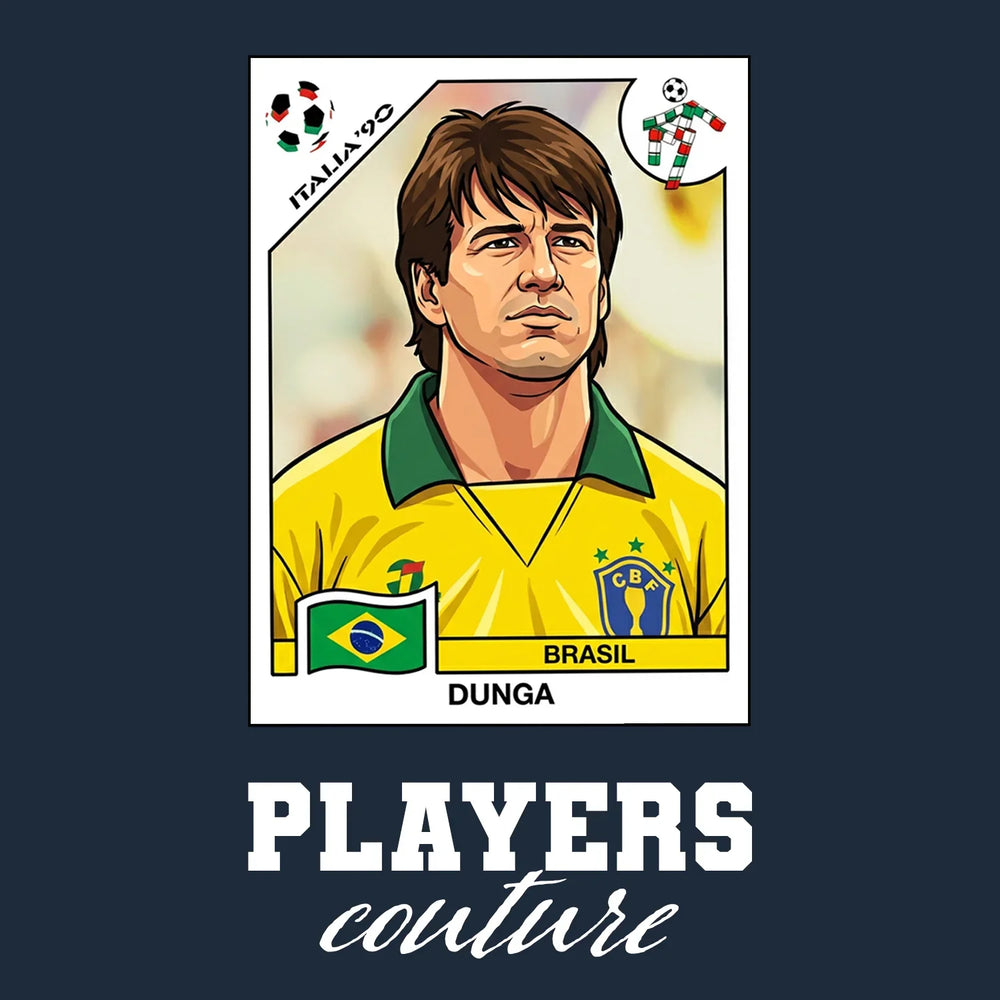 Dunga World Cup Sticker Men's T-Shirt – navy close-up detail shot of the Dunga World Cup Players Couture logo design