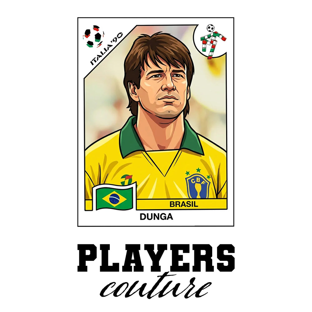 Dunga World Cup Sticker Men's T-Shirt – white close-up detail shot of the Dunga Players Couture logo design