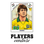 Dunga World Cup Sticker Men's T-Shirt – white close-up detail shot of the Dunga Players Couture logo design