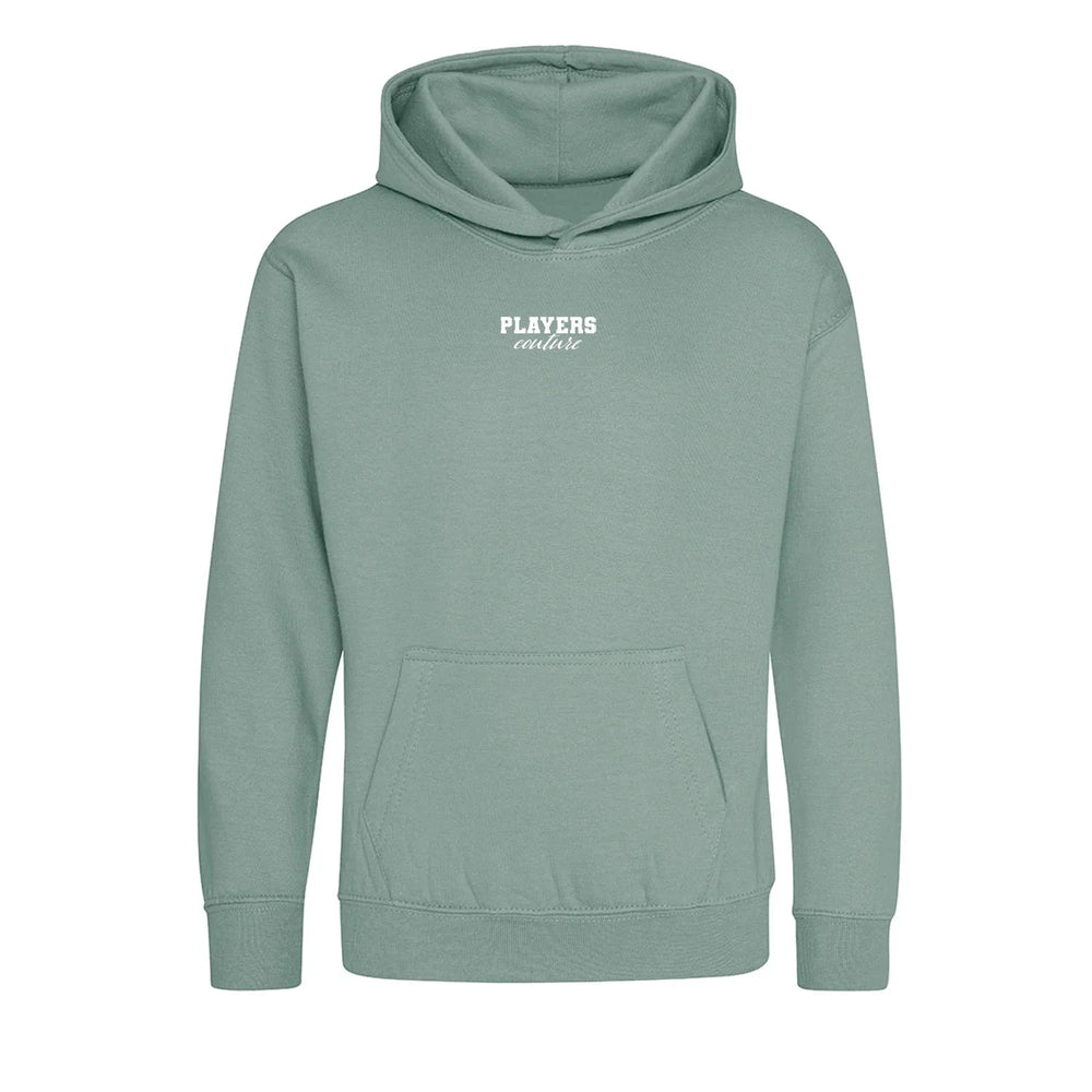 Essentials Collection hoodie – green kids' hoodie with white Essentials Collection letters and Players Couture logo on the