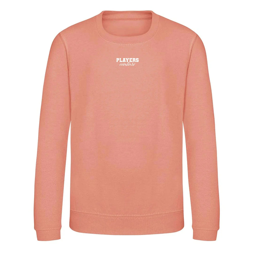 Essentials Collection hoodie – pink kids' hoodie with black Essentials Collection letters and Players Couture logo on the