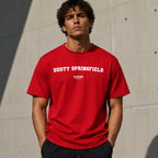 Dusty Springfield Men's T-Shirt — lifestyle photo, Red t-shirt