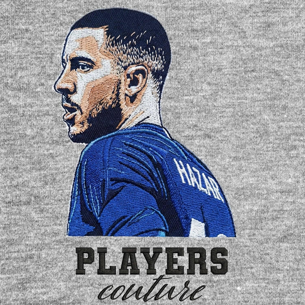 Eden Hazard Badge Men's T-Shirt – grey close-up detail shot of the Eden Hazard Players Couture logo design