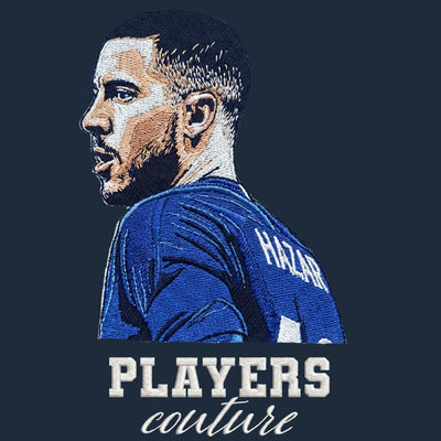 Eden Hazard Badge Men's Hoodie – close-up detail shot of the Eden Hazard Players Couture logo design