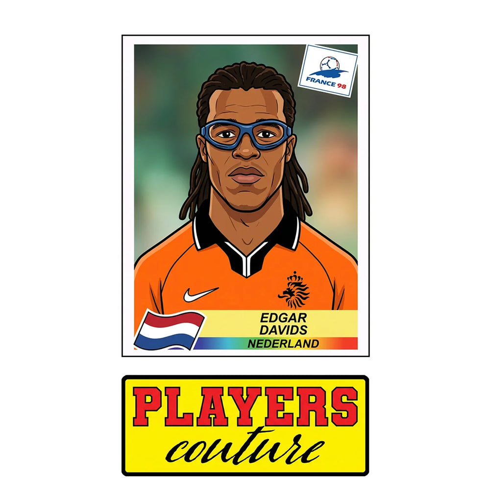 Edgar Davids World Cup Sticker Men's T-Shirt – close-up detail shot of the Edgar Davids World Cup Players Couture logo design