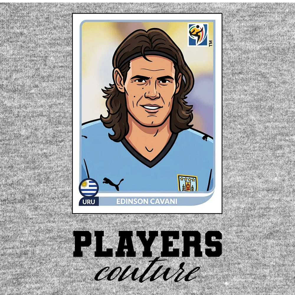 Edinson Cavani World Cup Sticker Men's T-Shirt – grey close-up detail shot of the Edinson Cavani World Cup Players Couture
