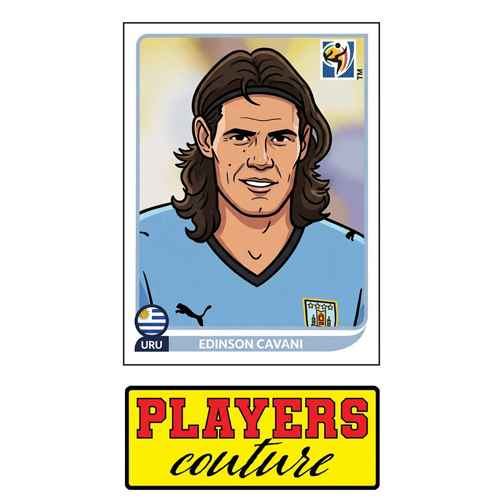 Edinson Cavani World Cup Sticker Men's T-Shirt – close-up detail shot of the Edinson Cavani World Cup Players Couture logo