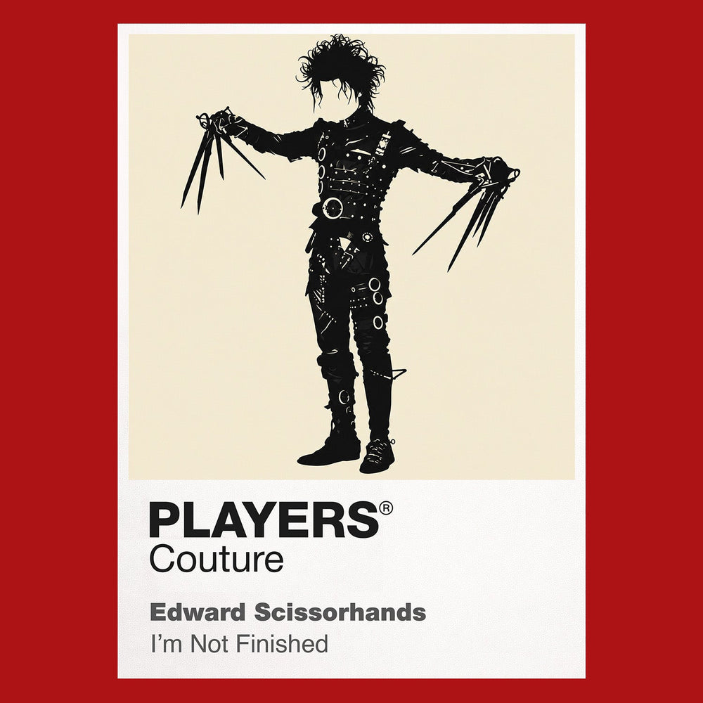 Edward Scissorhands Edward's wild black hair, leather silhouette and delicate scissor hands Icon Frame artwork in red