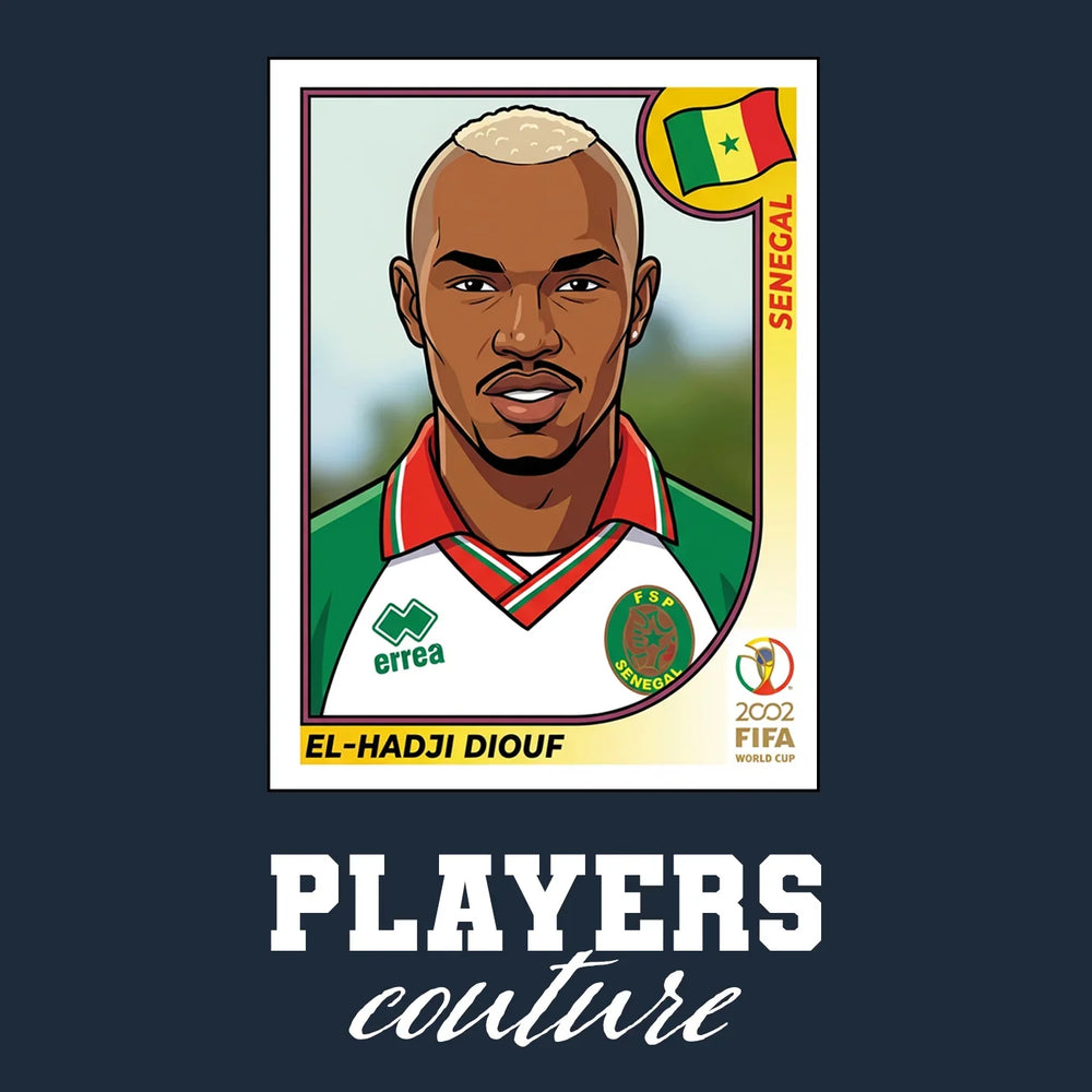 El Hadji Diouf World Cup Sticker Men's T-Shirt – navy close-up detail shot of the El Hadji Diouf World Cup Players Couture