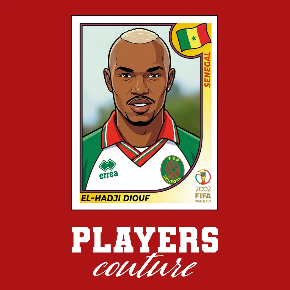 El Hadji Diouf World Cup Sticker Men's T-Shirt – red close-up detail shot of the El Hadji Diouf World Cup Players Couture