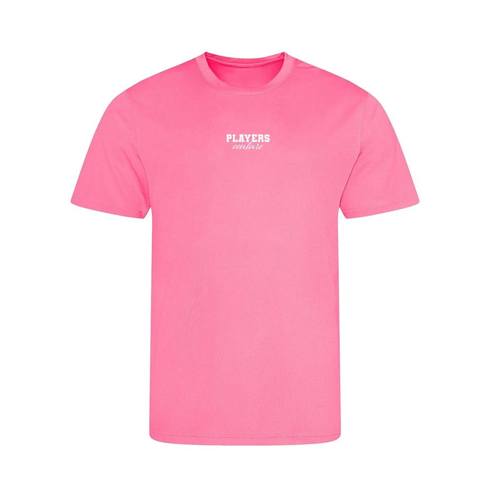 Essentials Collection t-shirt – pink kids' t-shirt with black Essentials Collection letters and Players Couture logo on the